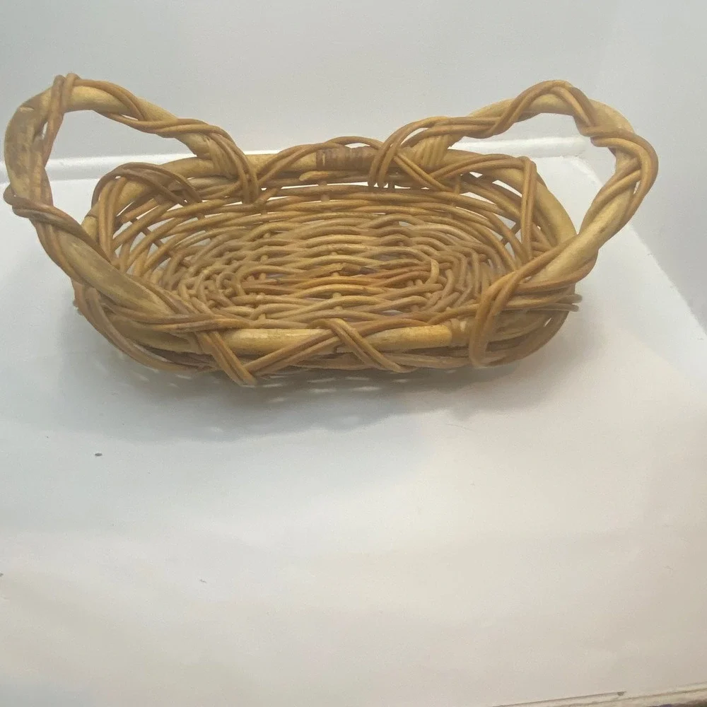 Vtg Large Oval Wicker Rattan Basket Farmhouse Serving Tray Double Handle‎